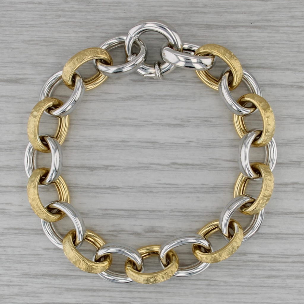 2-Toned Cable Chain Bracelet Sterling Silver Gold Plated 7.25" 12mm