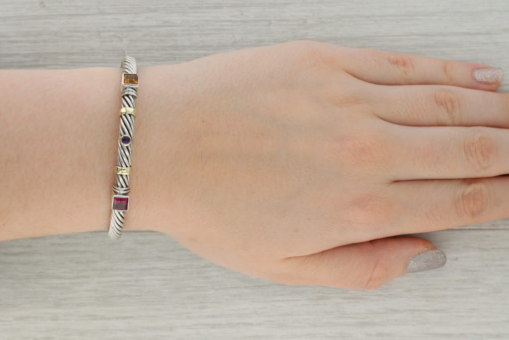 Tan David Yurman Renaissance Cuff Bracelet Sterling Silver 14k Gold Citrine Amethyst