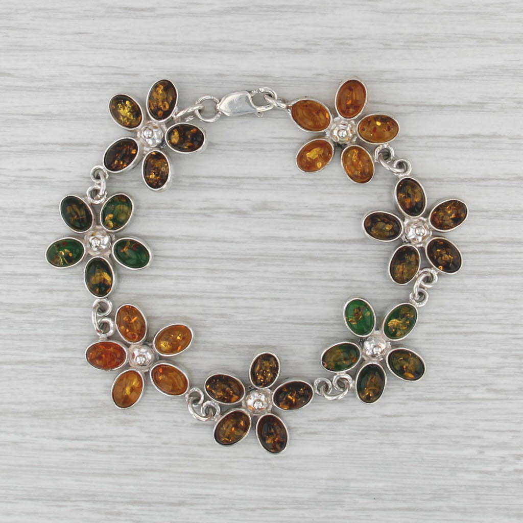7.25" Amber Flower Link Bracelet Sterling Silver Floral Statement
