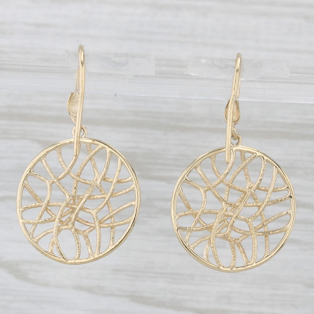 Light Gray Abstract Filigree Circle Dangle Earrings 14k Yellow Gold Hook Posts