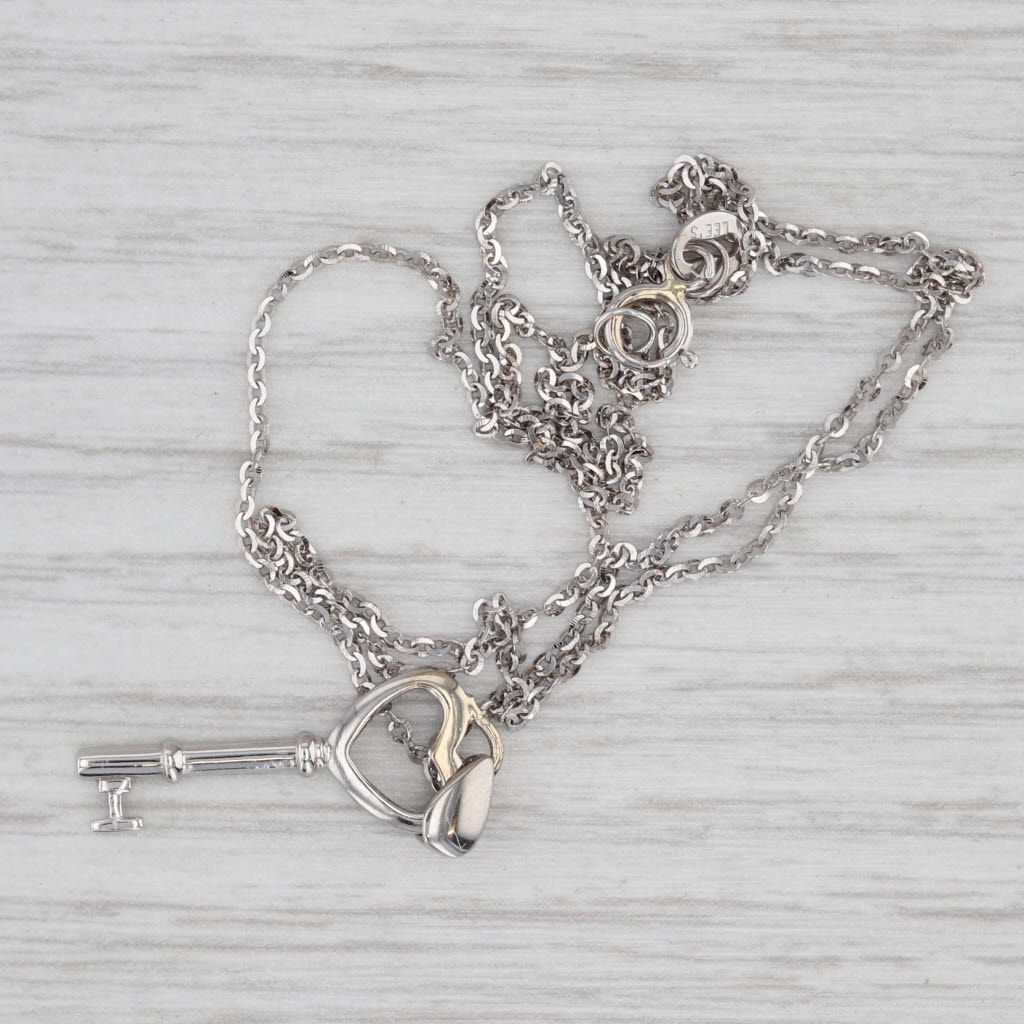 Light Gray Heart Skeleton Key Pendant 14k White Gold 18" Cable Chain
