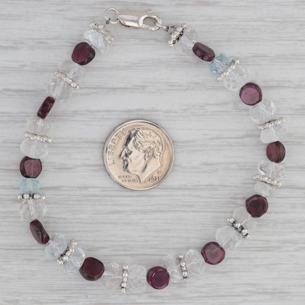 Gray Aquamarine Topaz Crystal Quartz Garnet Gemstone Bead Bracelet Sterling Silver