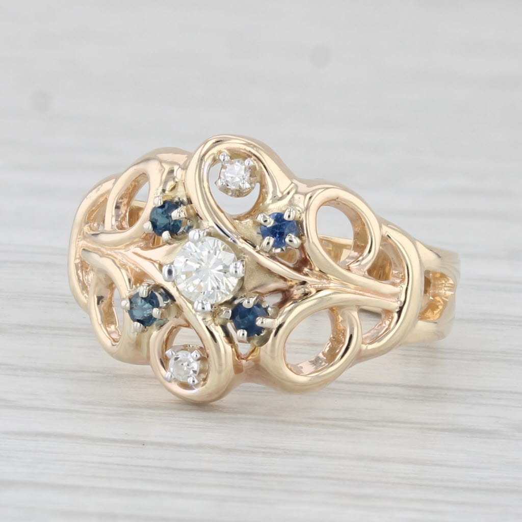 Light Gray 0.26ctw Diamond Blue Sapphire Ring 14k Yellow Gold Openwork Size 6.5