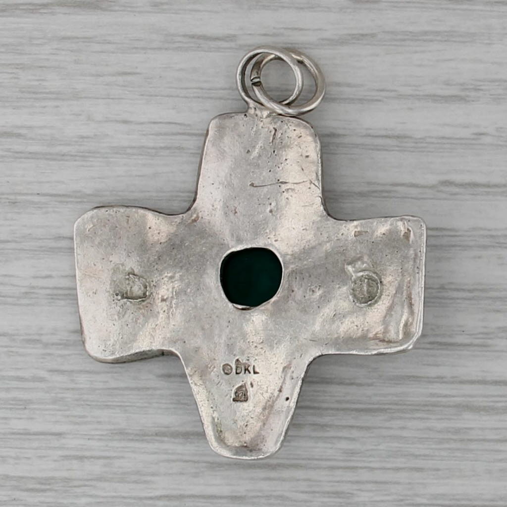 Green Chalcedony Tribal Cross Pendant Sterling Silver Medallion Statement
