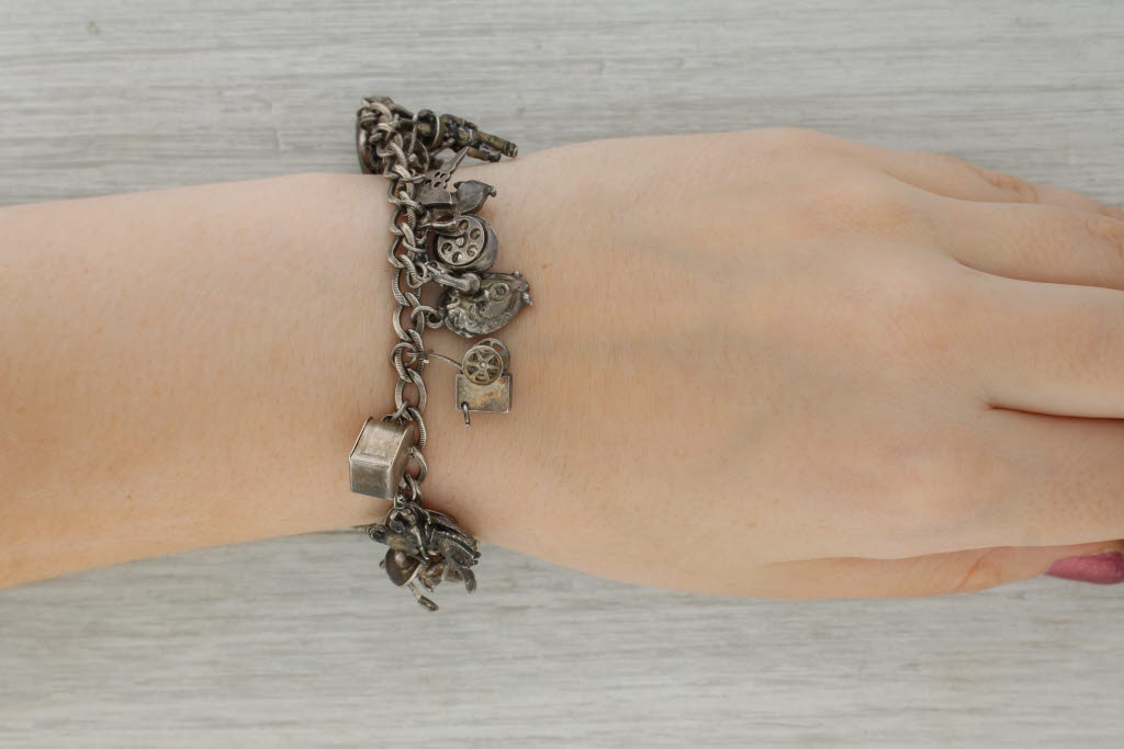 Rosy Brown Vintage Mixed Themed Charm Bracelet Sterling Silver 6" Military Sports Animals