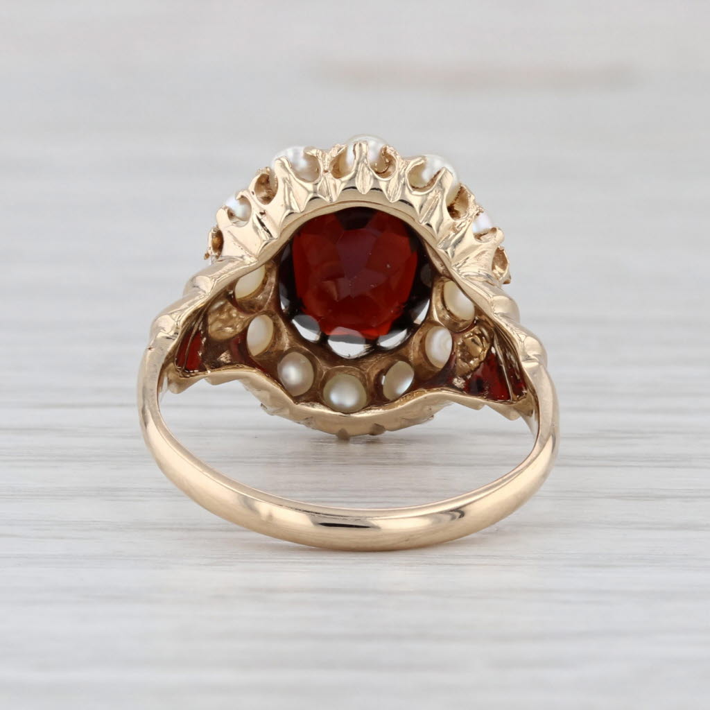 Vintage Oval Garnet Seed Pearl Halo Ring 12k Yellow Gold Size 8