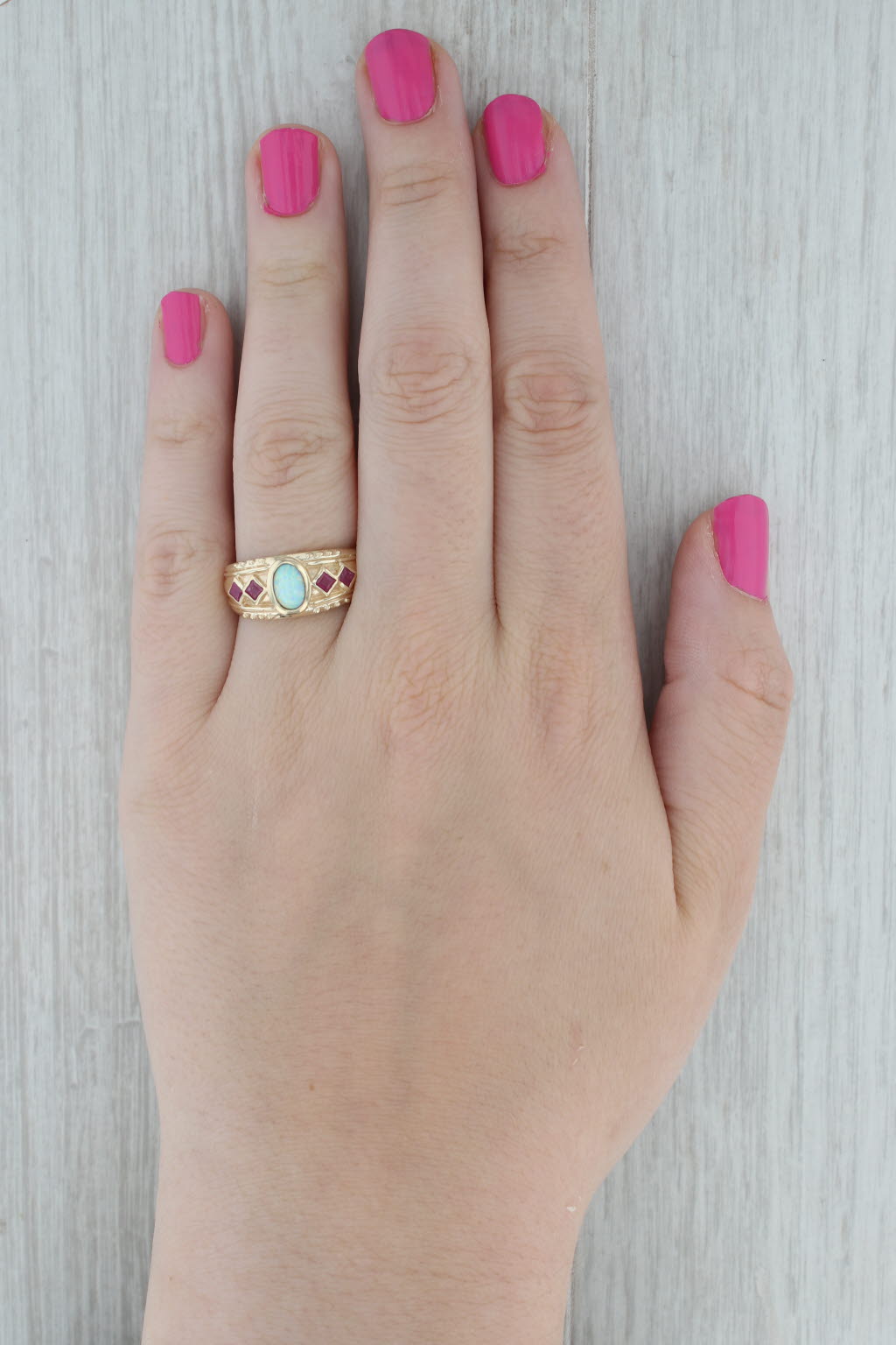 Dark Gray Lab Created Opal Ruby Ring 10k Yellow Gold Size 8.5