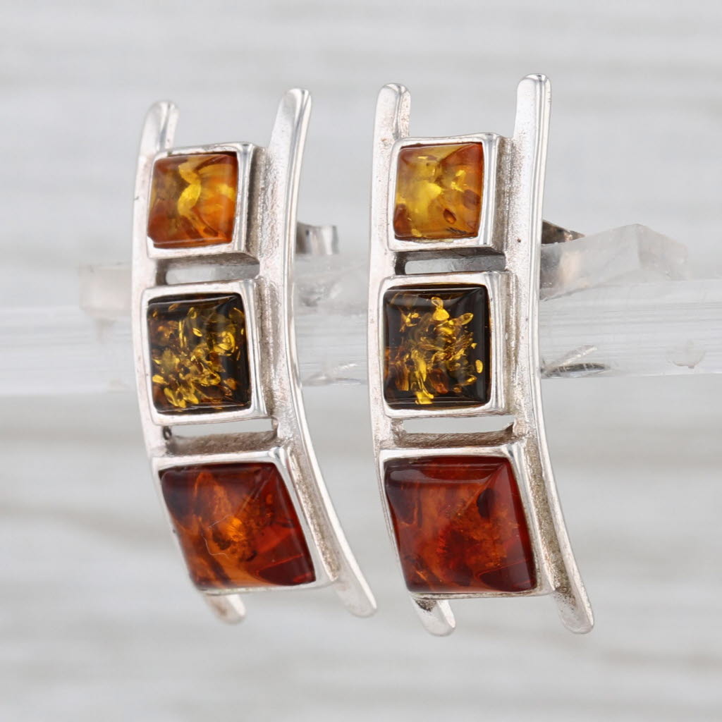 Multicolor Amber Drop Earrings Sterling Silver Butterfly Backs