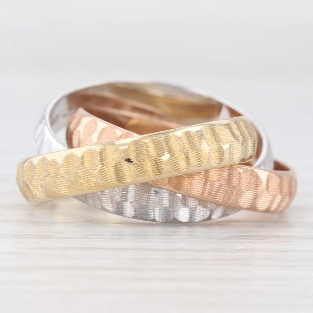 Light Gray Tri-Toned 3-Band Puzzle Ring 14k Yellow White Rose Gold Size 6 Hammered Finish