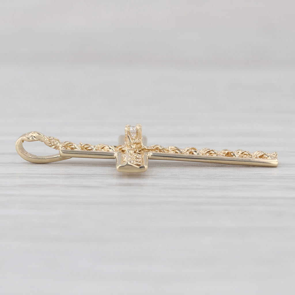 Diamond Accented Cross Pendant 14k Yellow Gold Rope Pattern