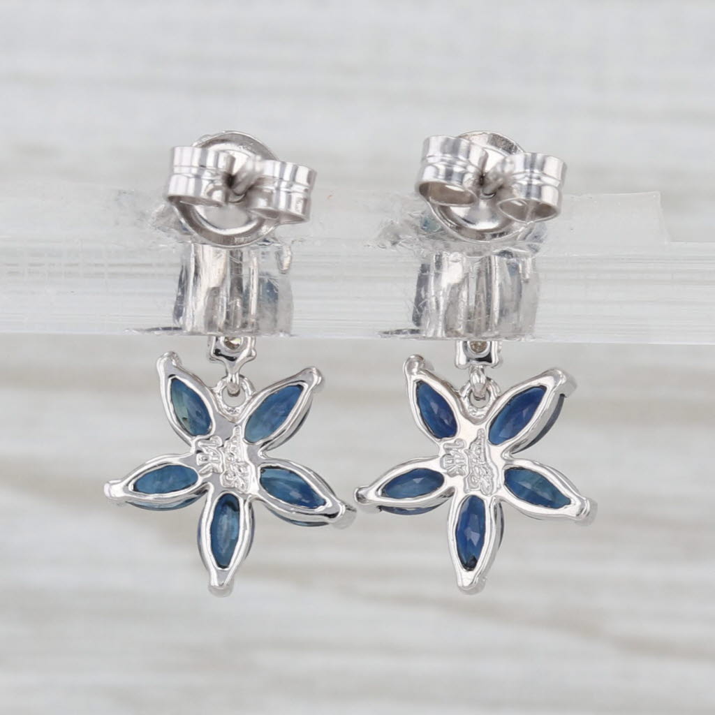2ctw Blue Sapphire Diamond Flower Dangle Earrings 14k White Gold Drops