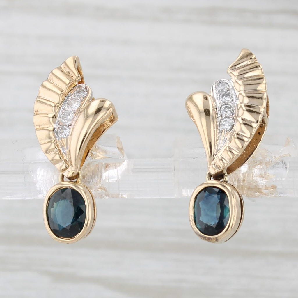 Light Gray 0.86ctw Blue Sapphire Diamond Drop Earrings 14k Yellow Gold