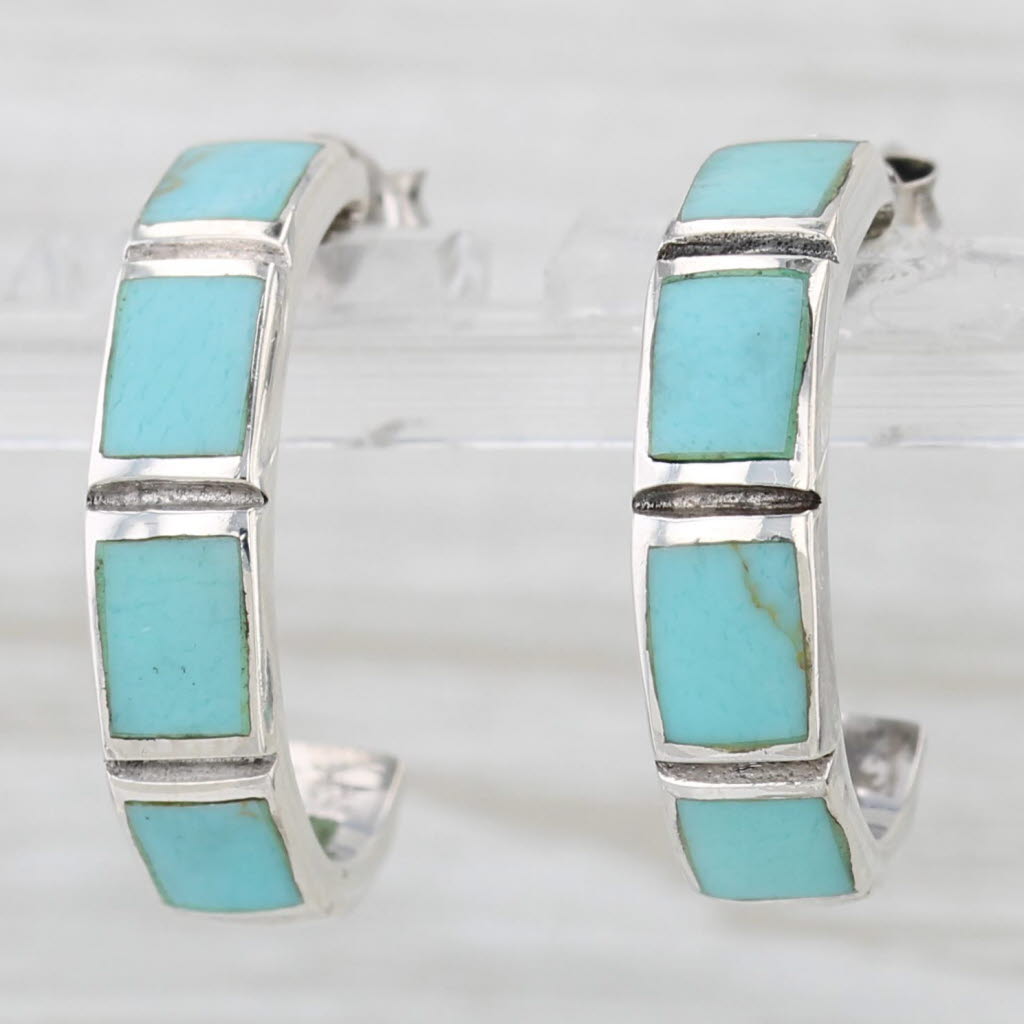 Light Gray Imitation Turquoise Hoop Earrings Sterling Silver Round Hoops Inlayed Mosaic