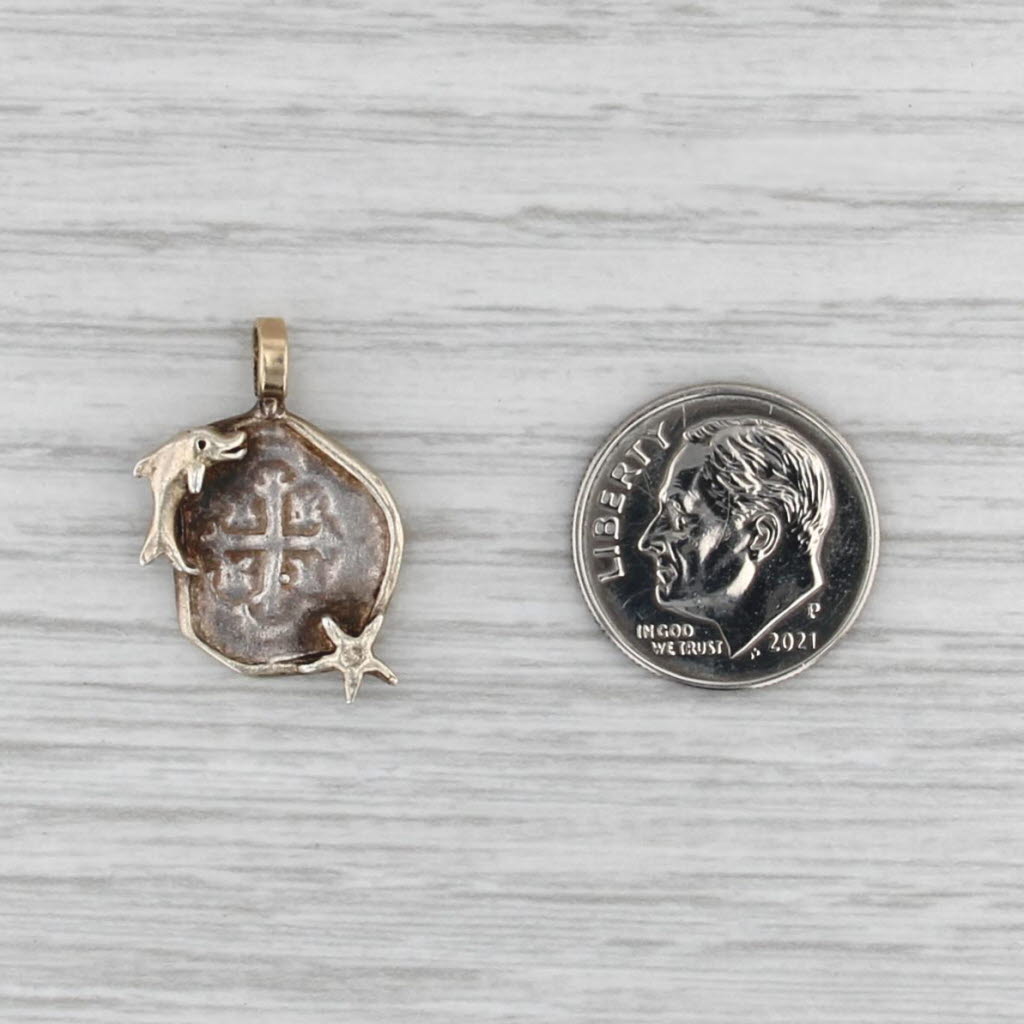 Ancient Treasure Coin Copy Dolphin Frame Pendant Sterling Silver Gold Plated