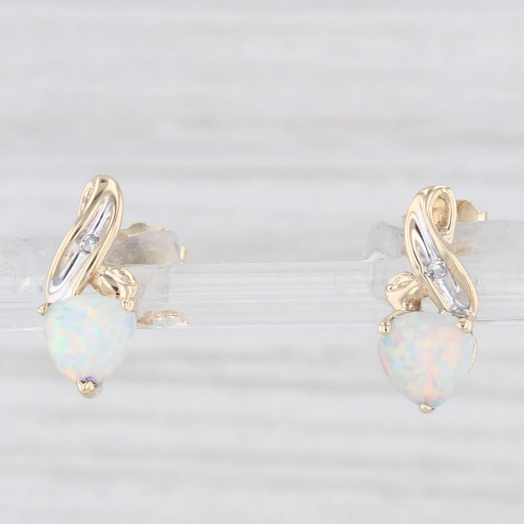 Light Gray Lab Created Opal Diamond Stud Earrings 10k Yellow Gold Small Drops