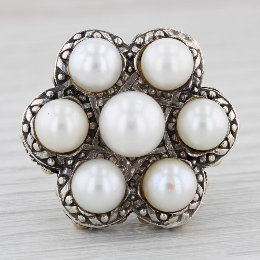 Light Gray John Hardy Cultured Pearl Cluster Ring Sterling Silver 18k Gold Size 7 Statement