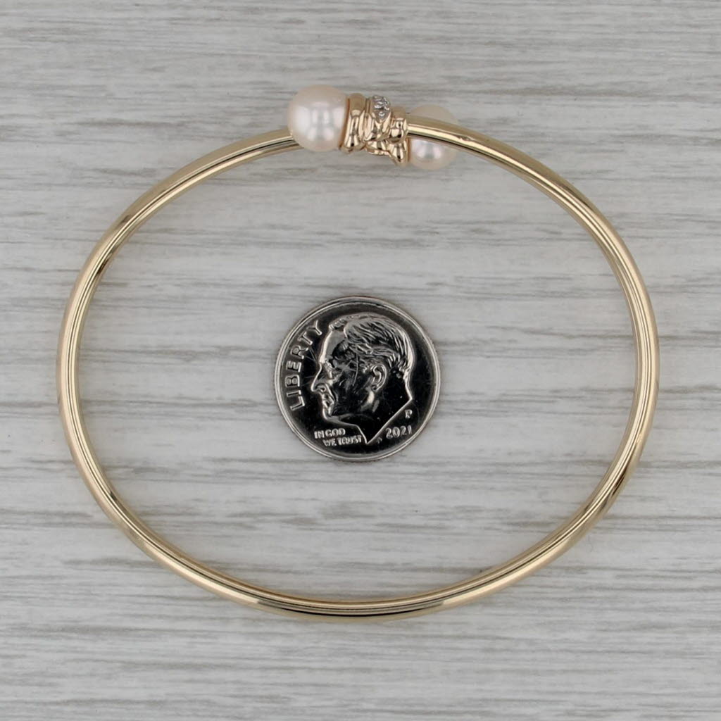 Cultured Pearl Diamond Bypass Bangle Bracelet 14k Yellow Gold 6.5"