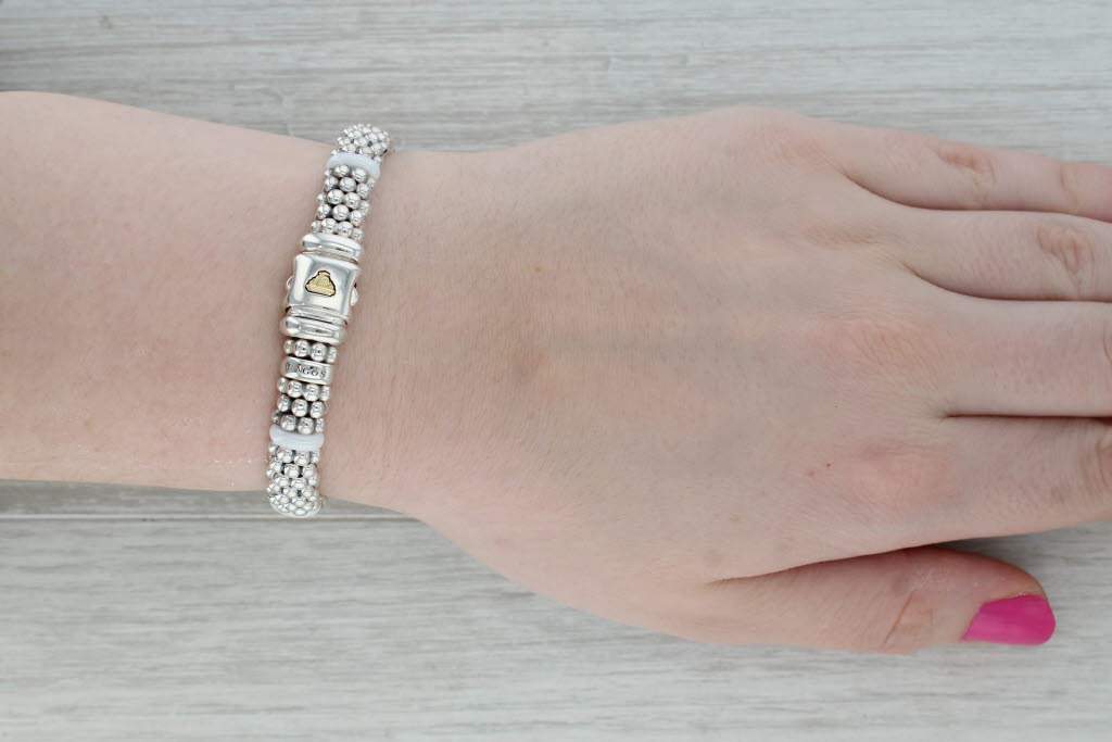 Dark Gray Lagos Caviar Diamond Ceramic Single Station Bracelet Sterling Silver 18k Gold