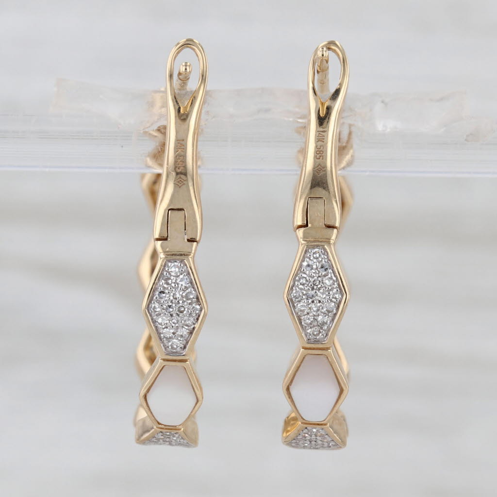 Mother of Pearl 0.28ctw Diamond Hoop Earrings 14k Yellow Gold Hoops Omega Posts