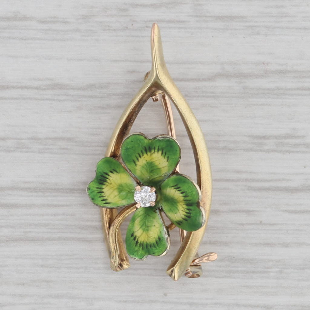 Gray Vintage Lucky Brooch Green Shamrock Diamond Wishbone Pin 14k Yellow Gold