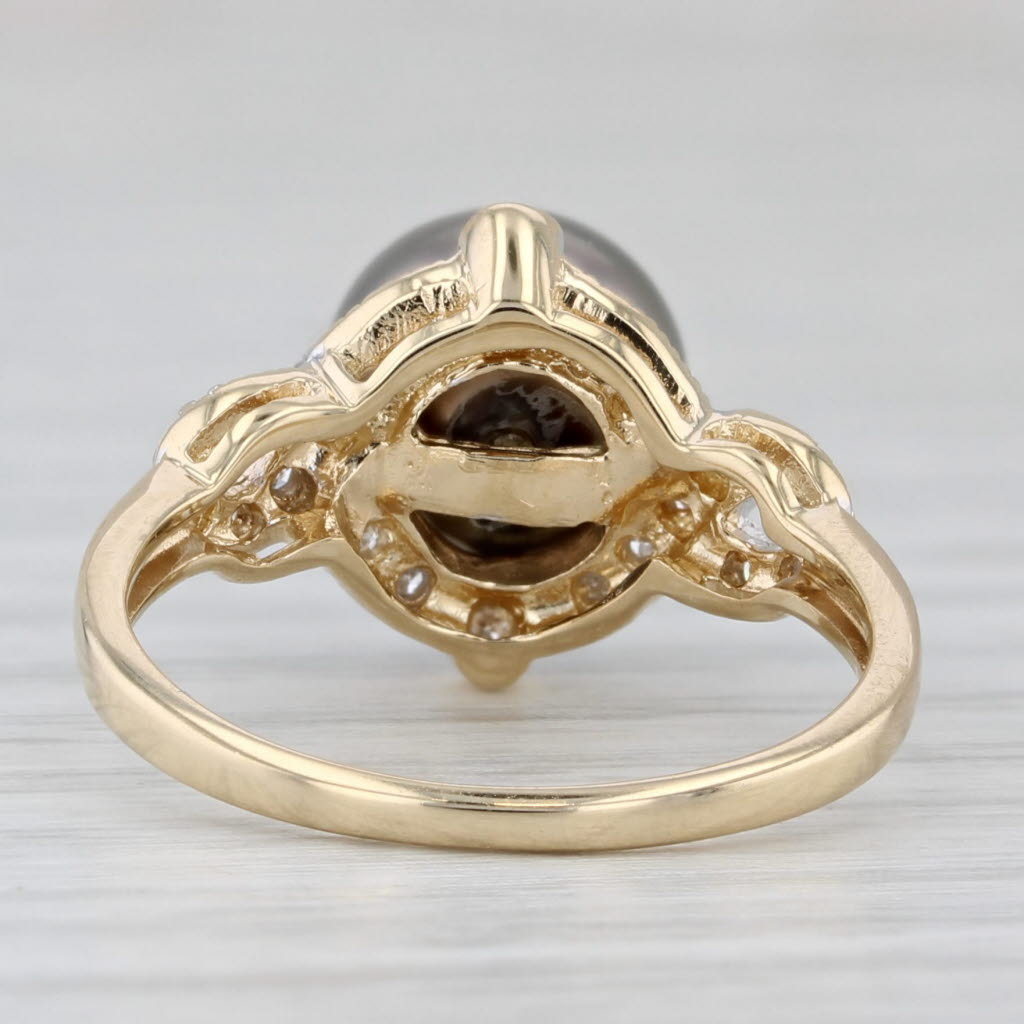 Gray Cultured Black Pearl Diamond Ring 14k Yellow Gold Size 6