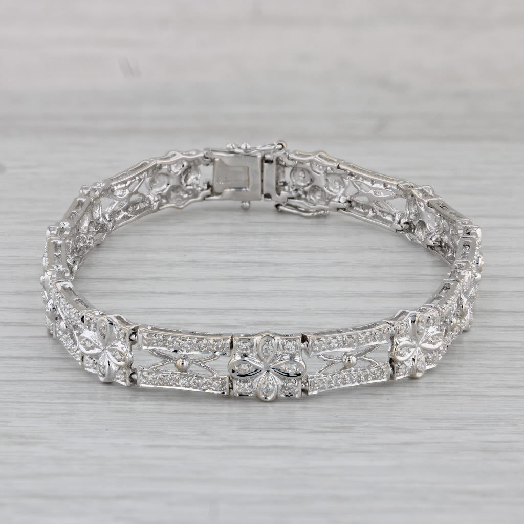 Gray 1ctw Diamond Flower Bracelet 18k White Gold 7.5” 7.6mm
