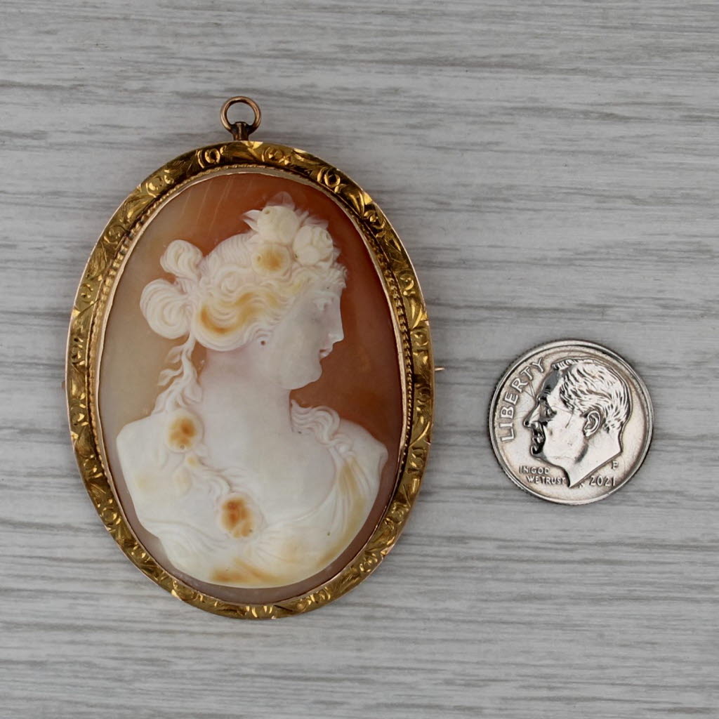 Antique Carved Shell Cameo Brooch 10k Yellow Gold Pin Pendant