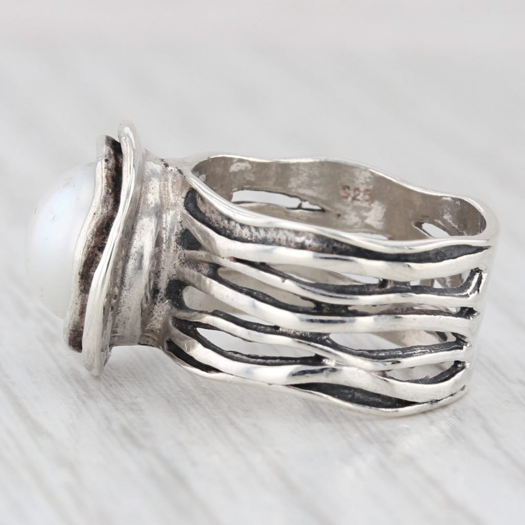 Light Gray Didae Cultured Button Pearl Solitaire Ring Sterling Silver Size 7.5 Statement