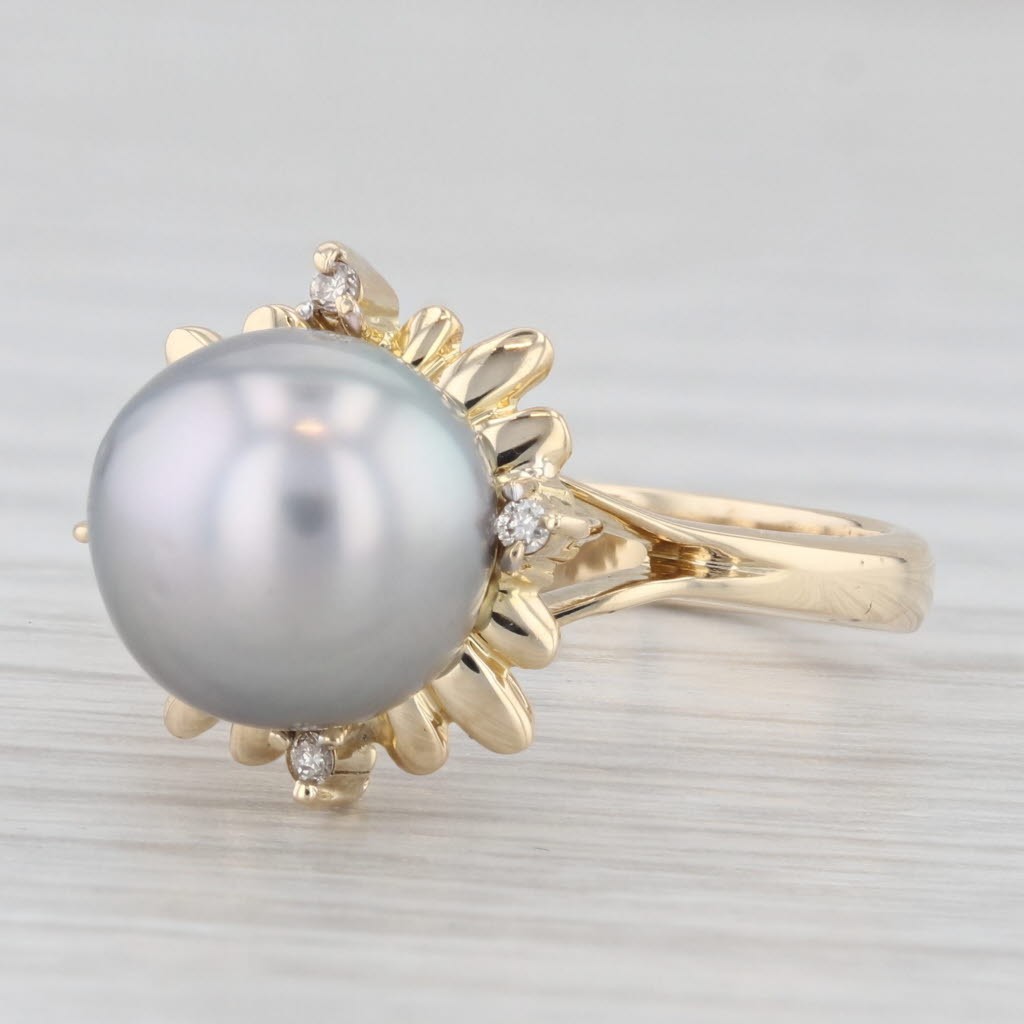 Light Gray Gray Cultured Pearl Diamond Ring 14k Yellow Gold Size 6.5