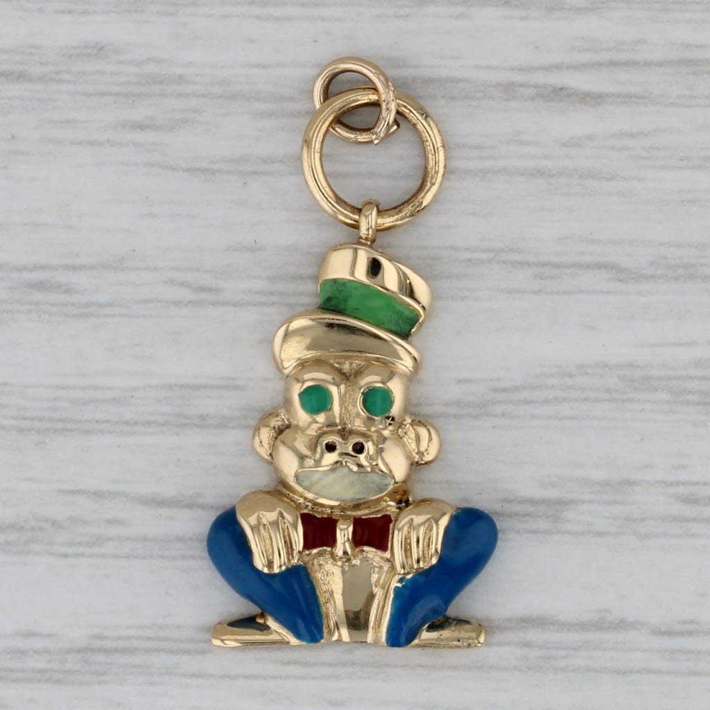 Gray Tuxedo Clad Monkey Pendant 18k 10k Yellow Gold Enamel Charm