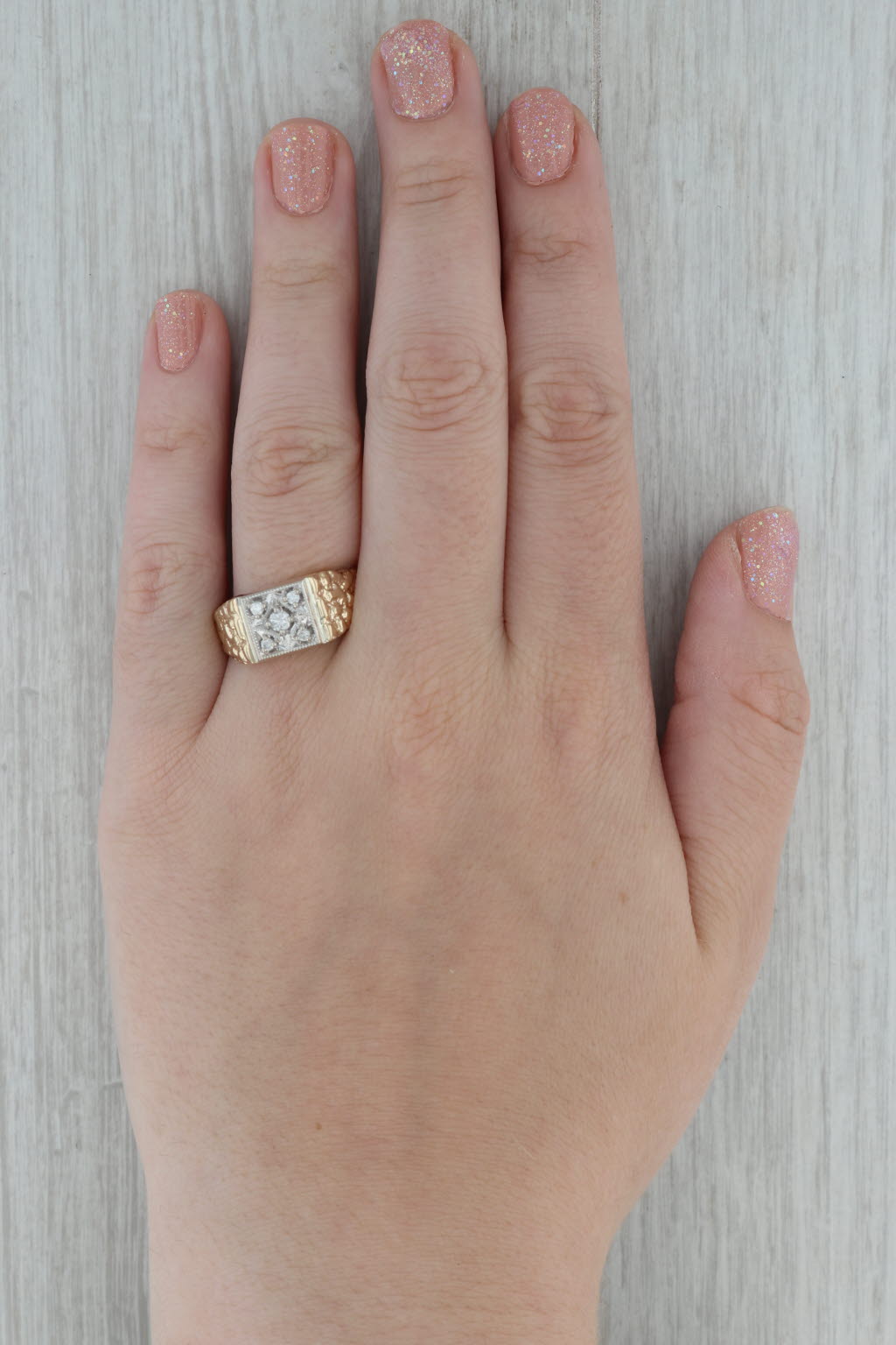 Dark Gray 0.18ctw Diamond Cluster Men's Ring 10k Yellow White Gold Size 10.5 Nugget Band