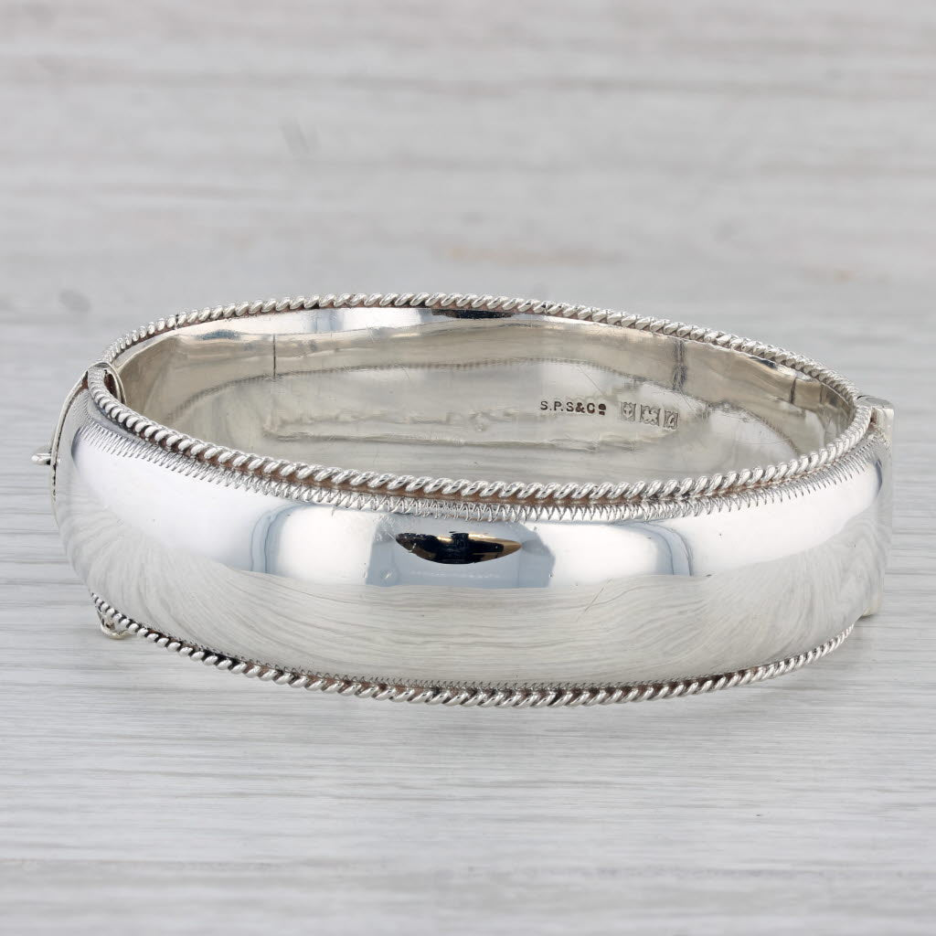 Gray Floral Engraved Hinged Bangle Bracelet Sterling Silver Vintage Birmingham 7.25"