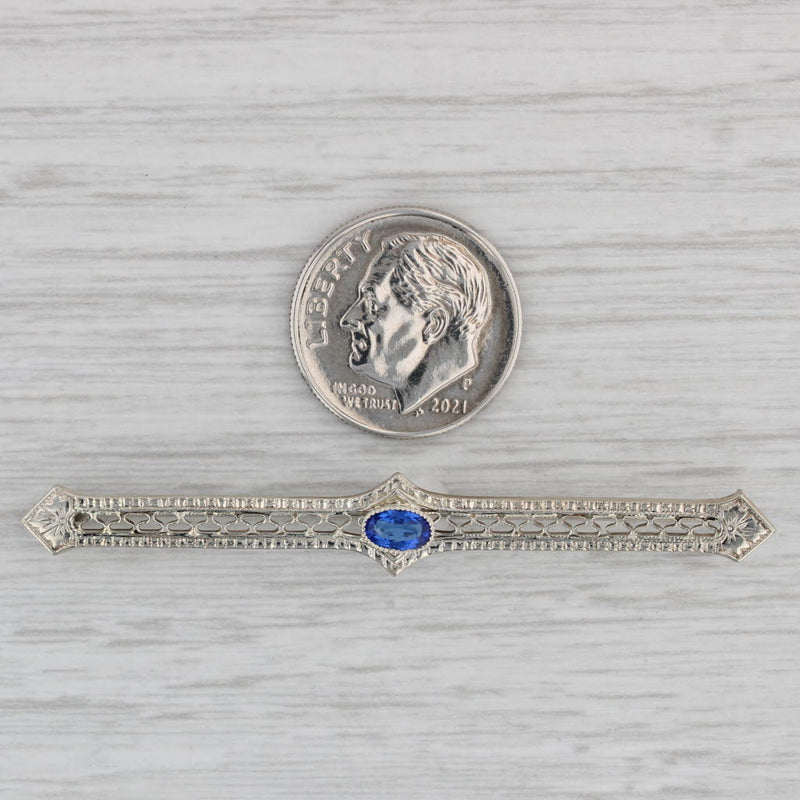 Art Deco 0.35ct Blue Lab Created Sapphire Filgiree Bar Pin 14k White Gold