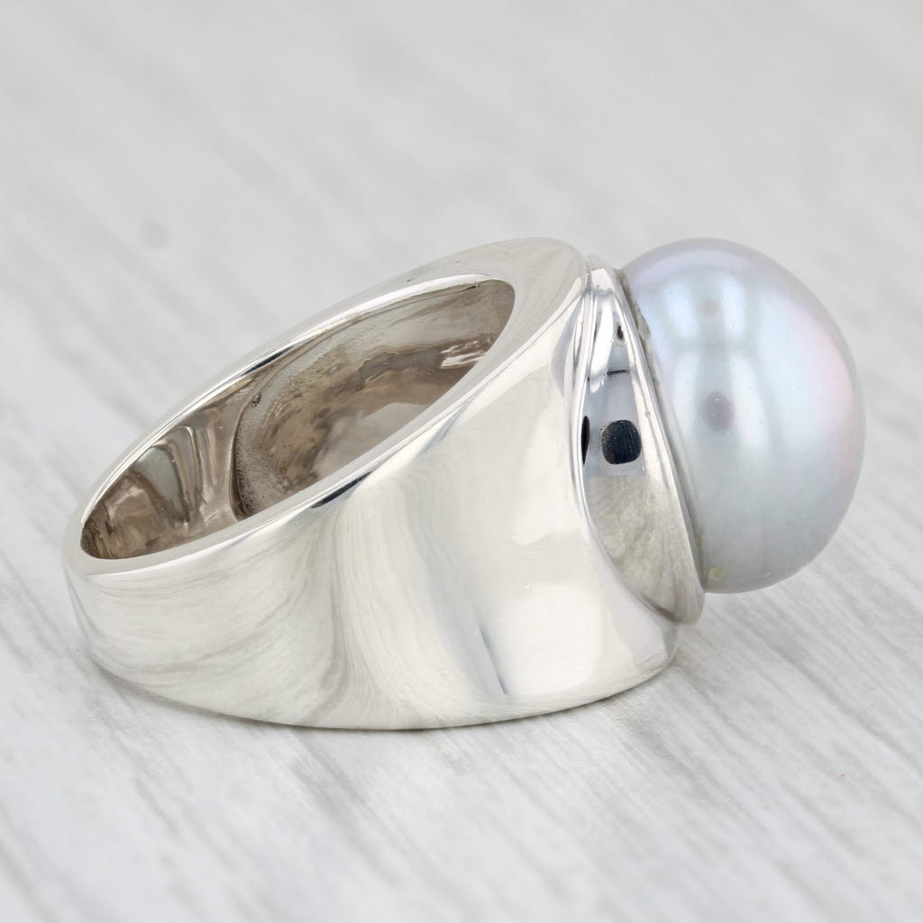 Light Gray Gray Simulated Pearl Ring Sterling Silver Size 6 Round Button Solitaire