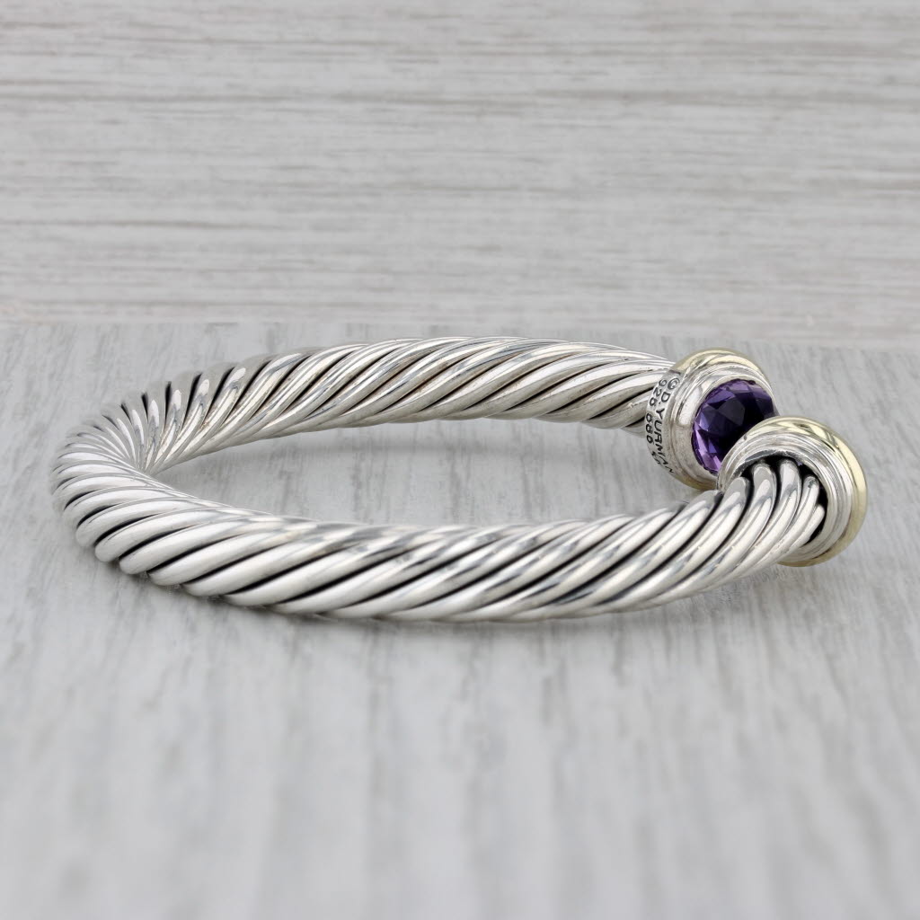 Gray David Yurman Amethyst Cable Cuff Bracelet Sterling Silver 14k Gold 7"