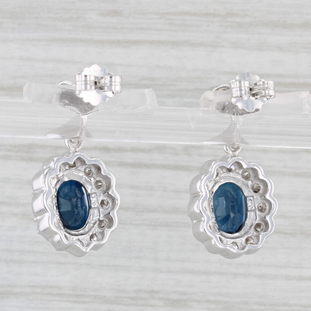 Light Gray 2.63ctw Blue Sapphire Diamond Halo Heart Dangle Earrings 14k White Gold