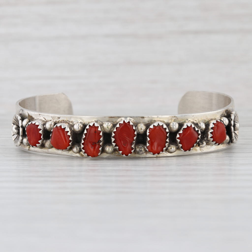 Vintage Native American Coral Cuff Bracelet Sterling Silver 6"