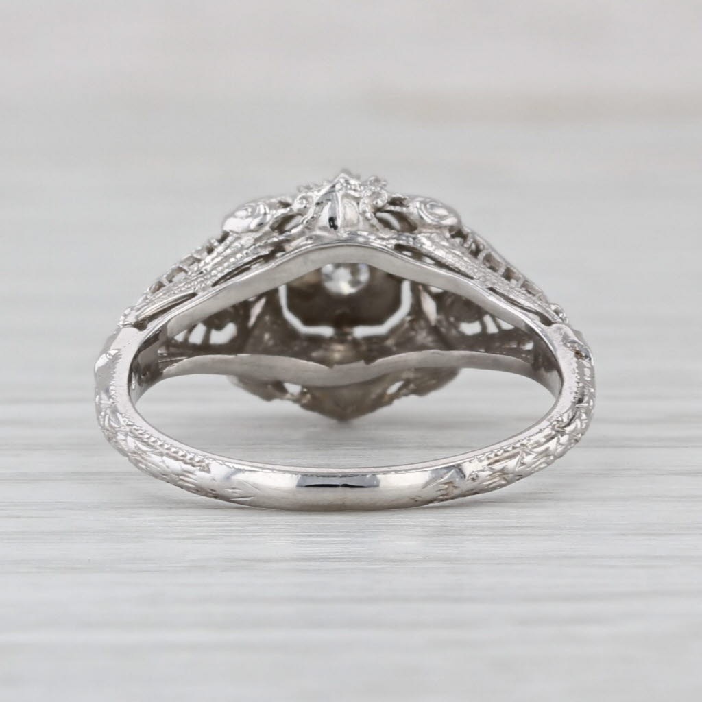 Art Deco Diamond Solitaire Ring 18k White Gold Filigree Size 7 Old European Cut