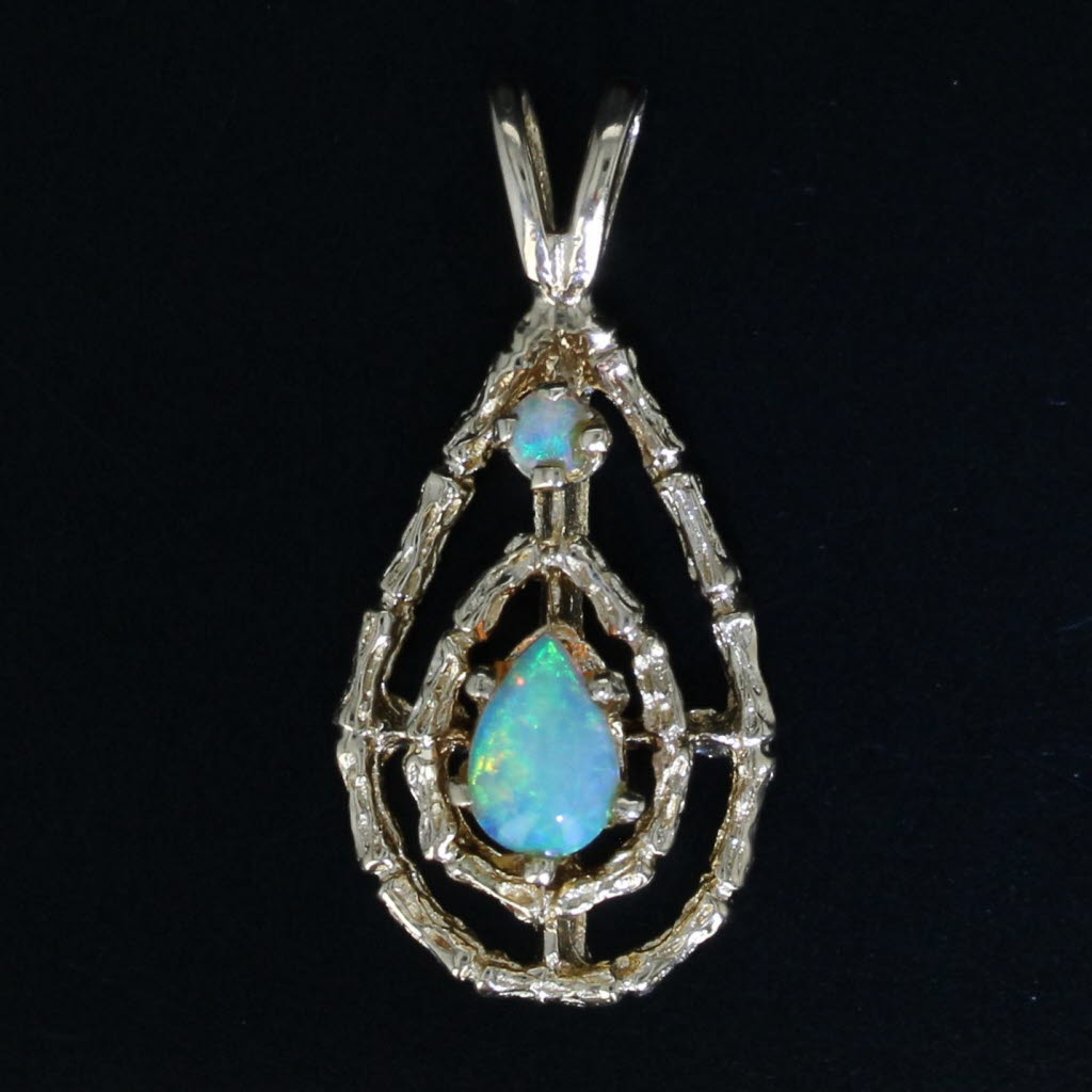Black Pear Opal Bamboo Teardrop Pendant 14k Yellow Gold