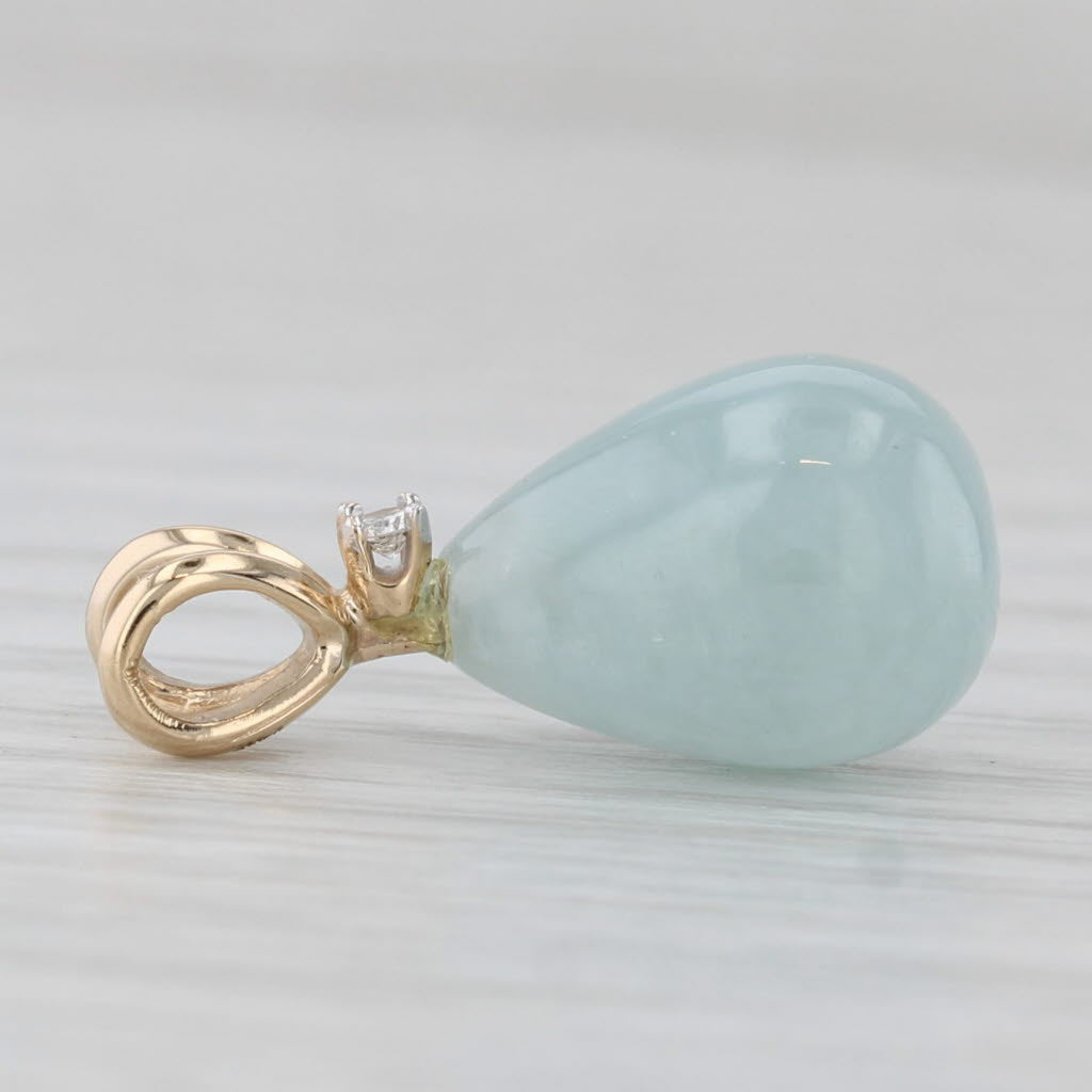 Gray Green Jadeite Jade Teardrop Pendant 14k Yellow Gold Diamond Accent