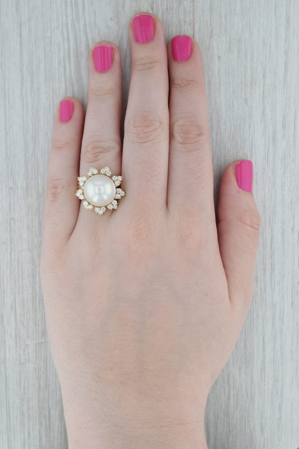 Gray Kurt Wayne Mabe Pearl Diamond Halo Flower Cocktail Ring 18k Yellow Gold Sz 7.75