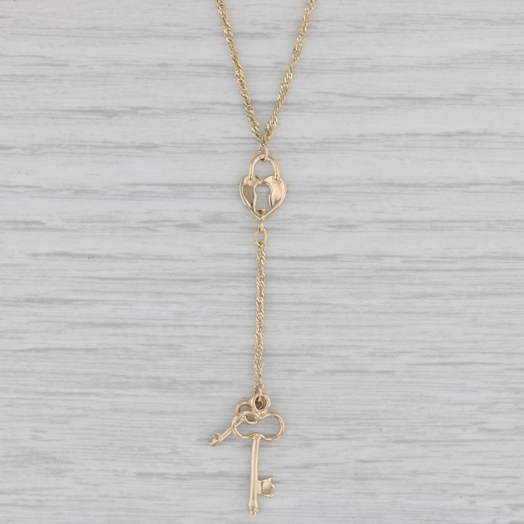 Gray Skeleton Key Heart Lock Lariat Singapore Chain Necklace 14k Yellow Gold 17"