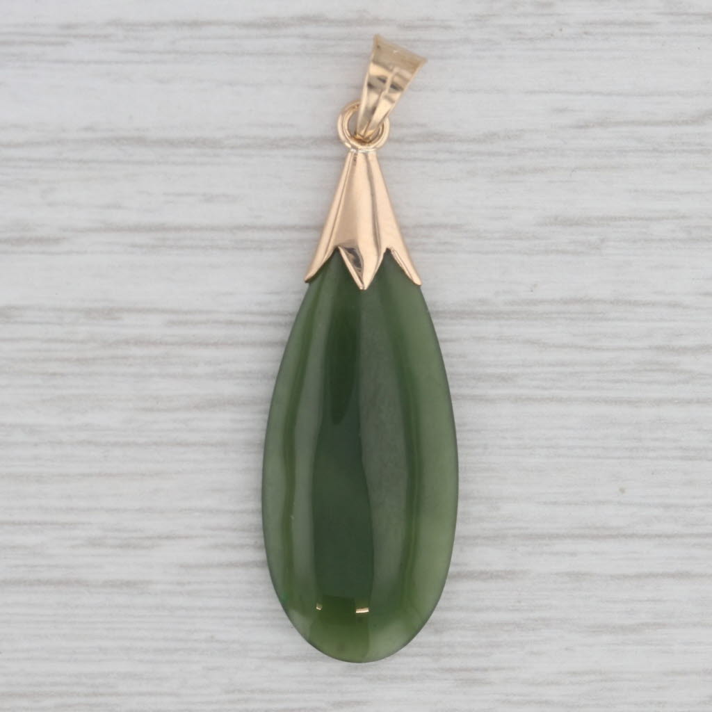 Gray Green Nephrite Jade Pendant 14k 12k Yellow Gold Teardrop