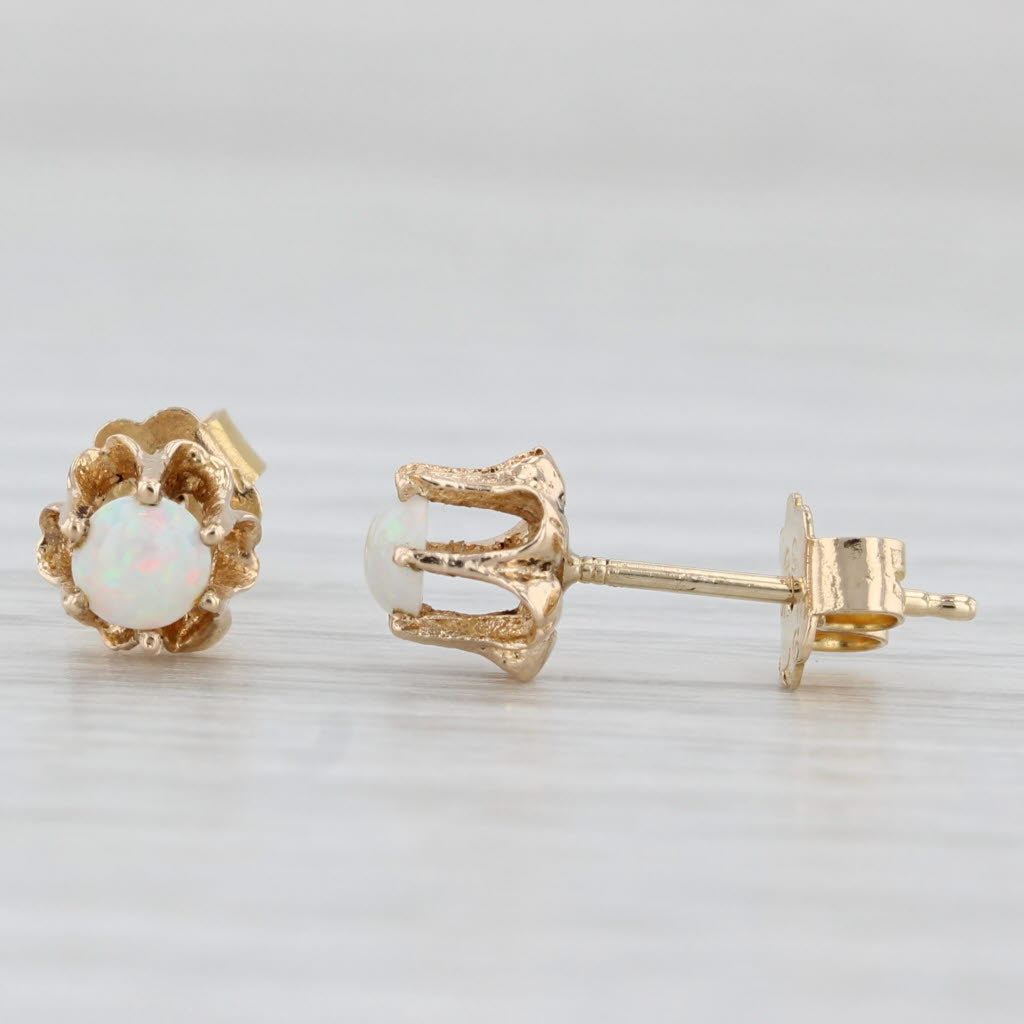 Light Gray Opal Buttercup Stud Earrings 14k Yellow Gold Round Cabochon Solitaires