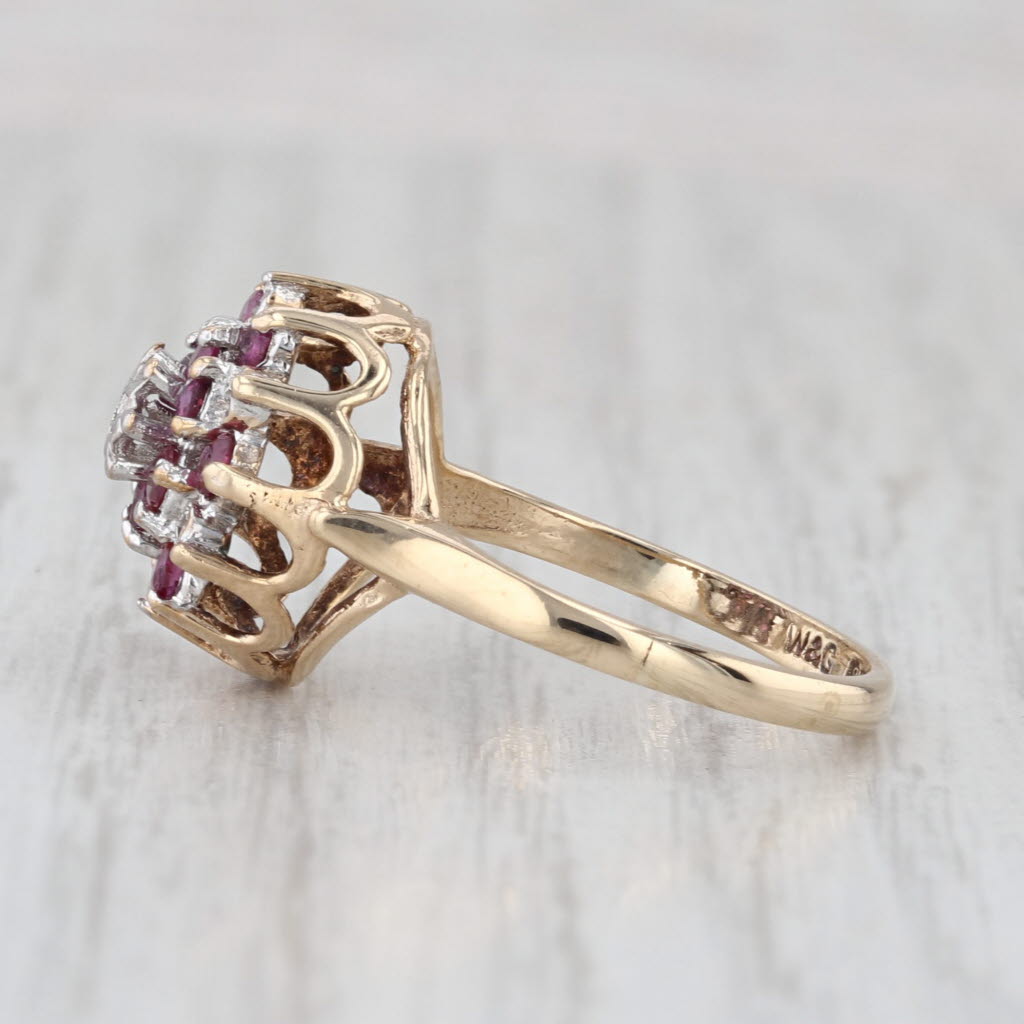 Vintage 0.64ctw Ruby Diamond Cluster Flower Ring 9k Yellow Gold Size 6.5