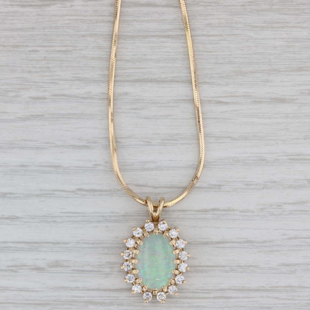 Gray Opal Cabochon Diamond Halo Pendant 14k Yellow Gold 18" Snake Chain