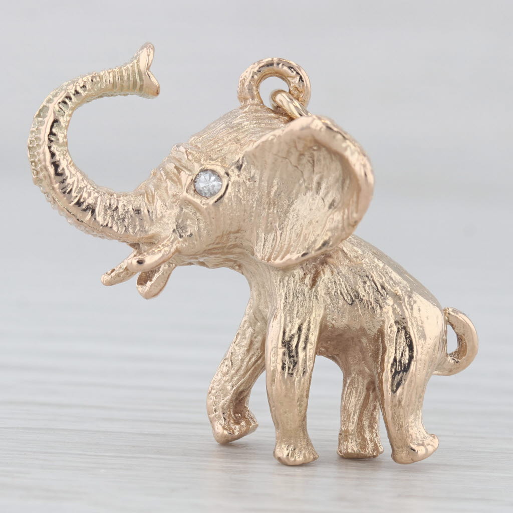 Light Gray Diamond Eyed Baby Elephant Charm 12k Yellow Gold Figural Figurine Animal Jewelry