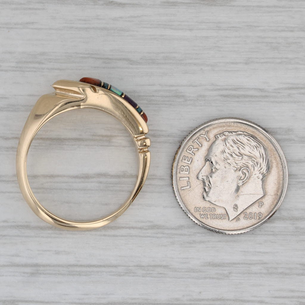 Gray Stone Mosaic Ring 14k Yellow Gold Size 6.75 Coral Turquoise Opal Sugilite Resin