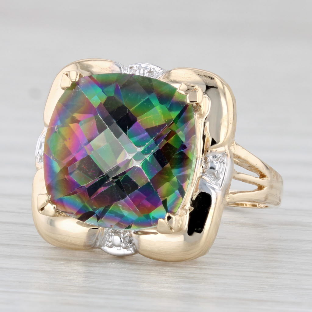 Light Gray 12.96ct Mystic Topaz Cushion Solitaire Ring 14k Yellow Gold Size 7.5 Cocktail