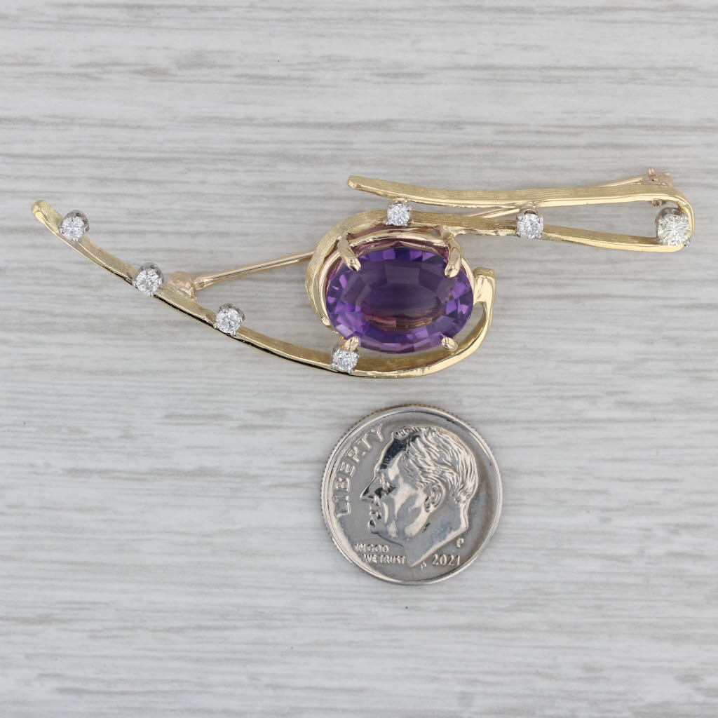 Gray 4.15ctw Amethyst Diamond Brooch 18k Yellow Gold Vintage Statement Pin
